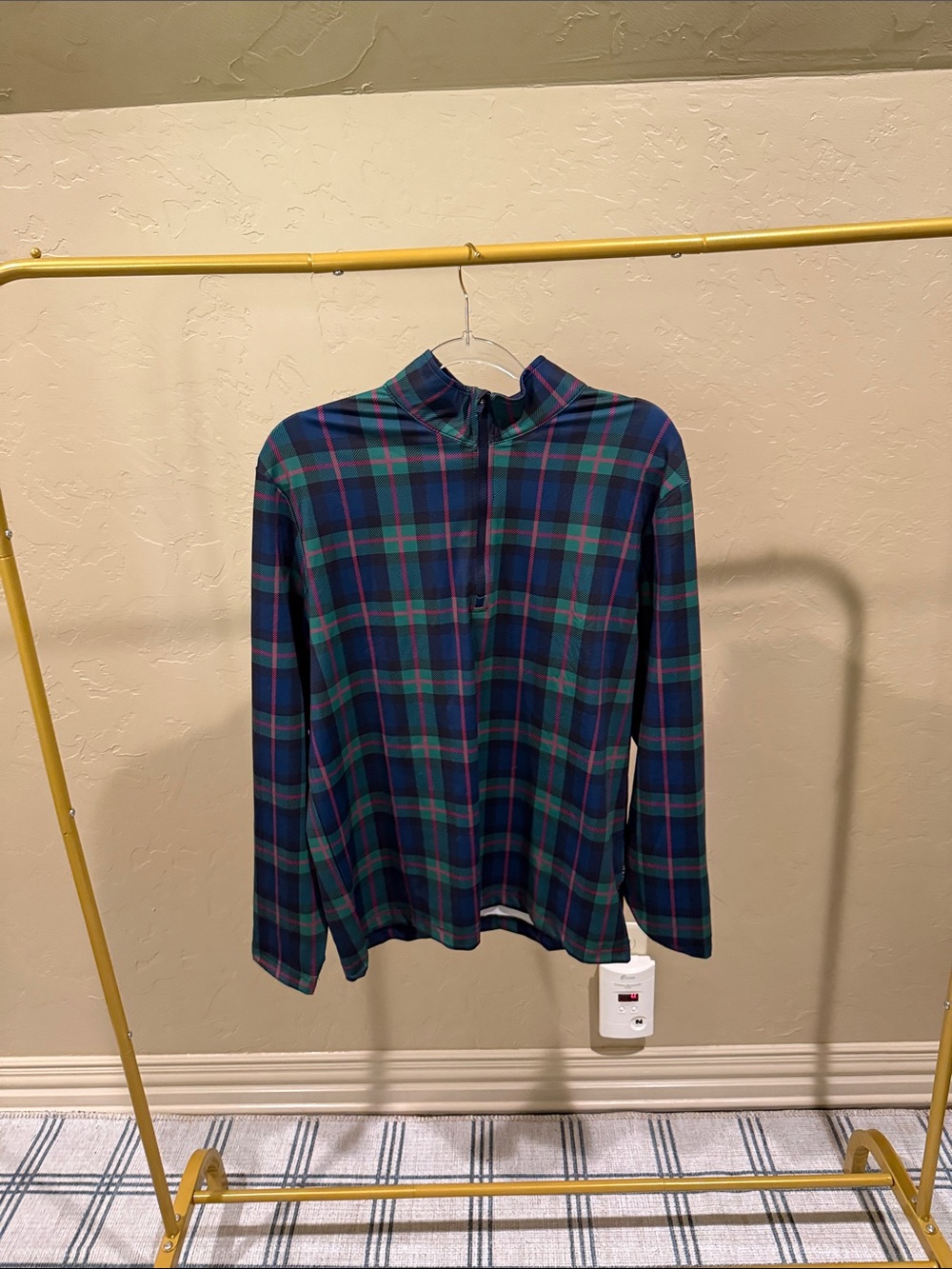 Plaid Long-Sleeve Half-Zip Shirt in Blue and Green